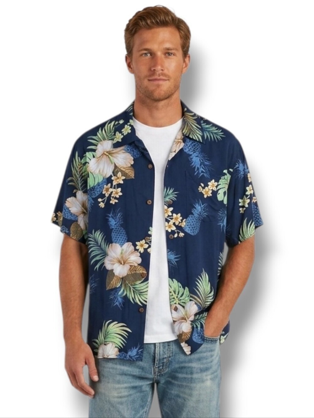 Hawaii Hangover Men’s Navy Tropical Floral Hawaiian Shirt Rayon Medium
